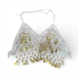 Chic White and Gold Coin-Adorned Bralette For Belly Dancing